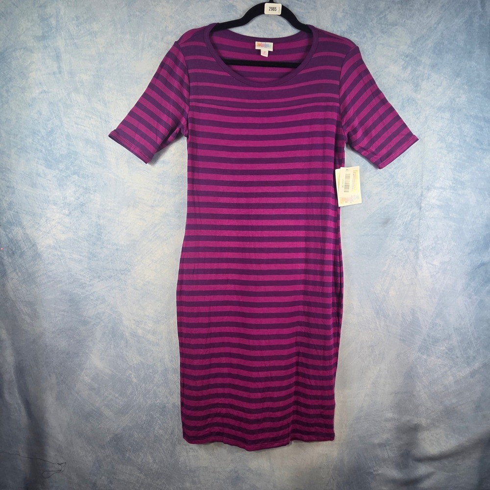 LuLaRoe Julia Dress Womens M Purple Magenta Striped Short Sleeve Sheath Midi‎